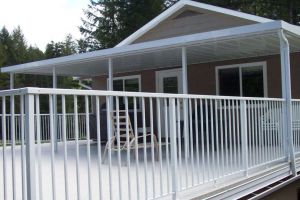 Aluminum Patio Cover, with Vinyl Decking and Aluminum Picket Railings| Castle Decks & Aluminum Products